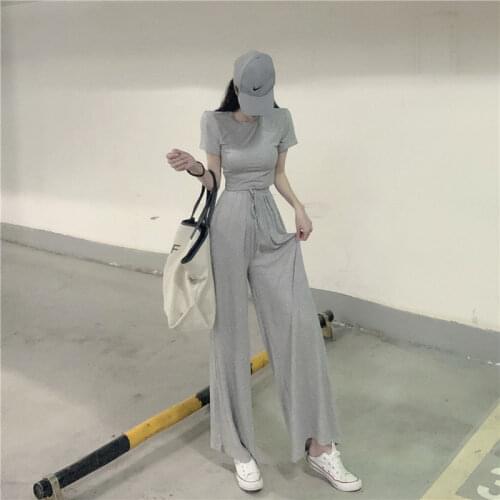 2021 New Summer Women Clothes Stretch Slim Short-sleeved Crop Top + Loose Leisure High Waist Long Pant Suit 2 Pcs Set Outfit M52
