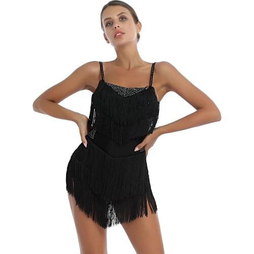 Women Rhinestone Tassel Latin Dance Dress Tango Dancer Competition Performance Costume Backless Figure Skating Leotard Dresses