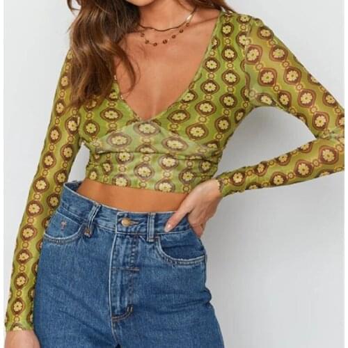 Female Sexy Crop Tops Floral Print Deep V-Neck Long Sleeve Backless Hollow Out Slim Skinny Wild Chic T-Shirt for Summer