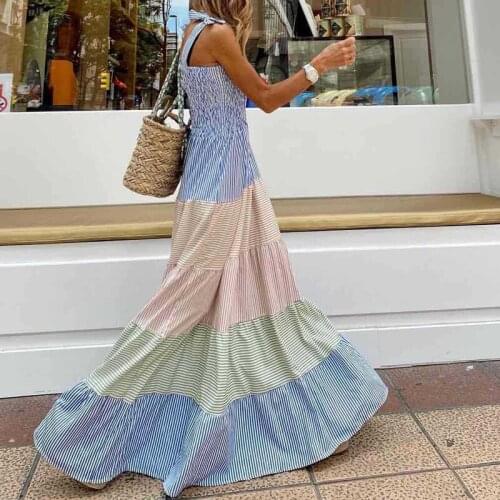 Women Pleated Sleeveless Maxi Beach Dress Summer Elegant Off Shoulder Bow Sling Party Dress Lady Fashion Striped Patchwork Dress