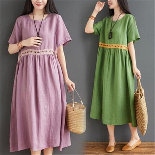 2021 Summer Fashion New Round Neck Short Sleeve Comfortable Cotton And Linen Stitching Embroidery Loose Plus Size Dress Female