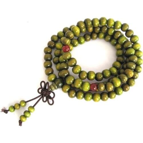 8mm Tibetan Buddhism 108 Green Wood Beads Mala Necklace