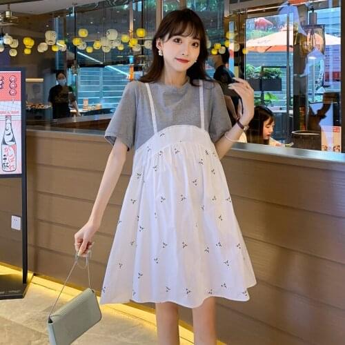 84203# Maternity Clothes Summer Short Sleeves One Piece Layer Look Loose Stylish Dress Pregnant Women Pregnancy Clothes