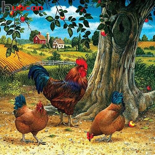 Huacan Diamond Painting New Arrival Chicken Tree Embroidery Mosaic Rooster Animal Farm Scenery Wall Decor
