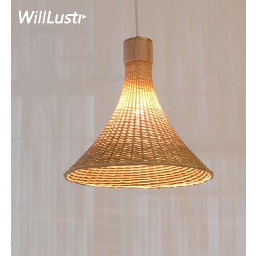 Bamboo wooden brass handmade pendant lamp suspension light hand knit wicker hotel hall restaurant dinning room hanging lighting