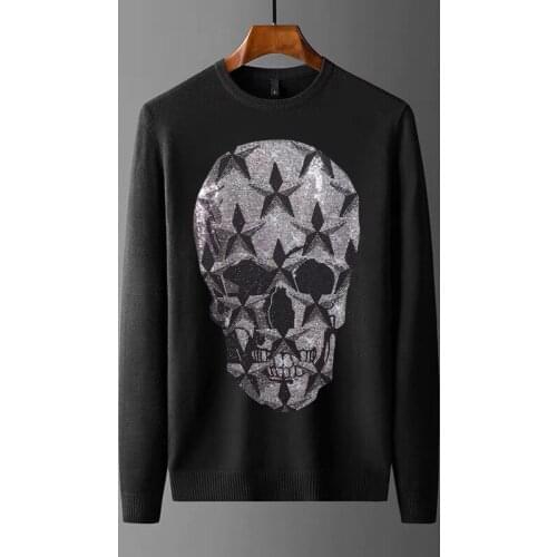 Brand Pullover Rhinestone Shiny Oversized Hip Hop Skull Slim Mens Sweater Winter Long Sleeve Clothing