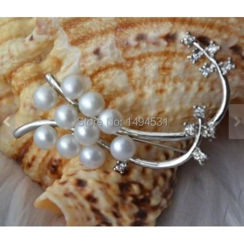 Freshwater Pearl Brooch , 5-6mm White Color Natural Pearl Brooch , Bridesmaid Wedding Jewelry , Free Shipping