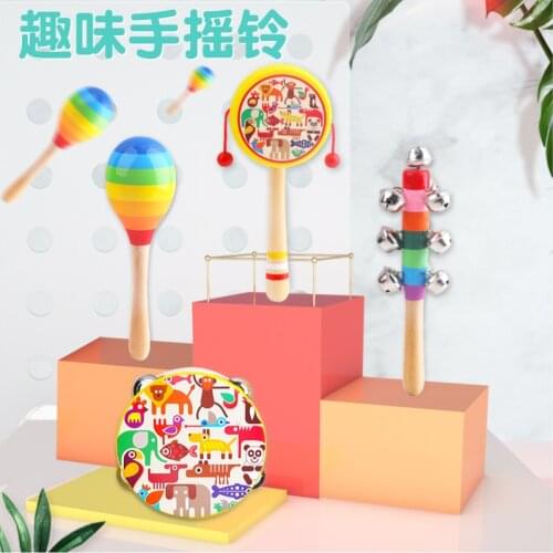 Safety Wooden toy cartoon animal hand drums baby rattle rattles and other four sets of educational toys gifts M100