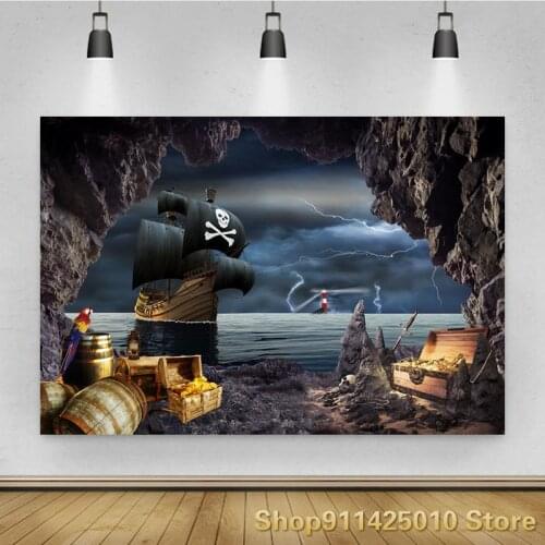 Cartoon Corsair Ship Treasure Cave Background Boy Birthday Party Decoration Photography Studio Photo Children Room Backdrop