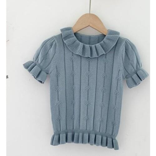 Baby Girl Hollow Out T-shirt Summer Kids Girl Short Sleeve Lotus Leaf Collar Knit T-shirt Infant Kids Baby Girl T-shirt Clothes