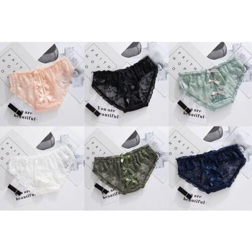 Hot kf-Womens Underwear Sexy Lace Hollowing After Crossing Bow Knots Low Waist Seamless Hip Wrap Panties