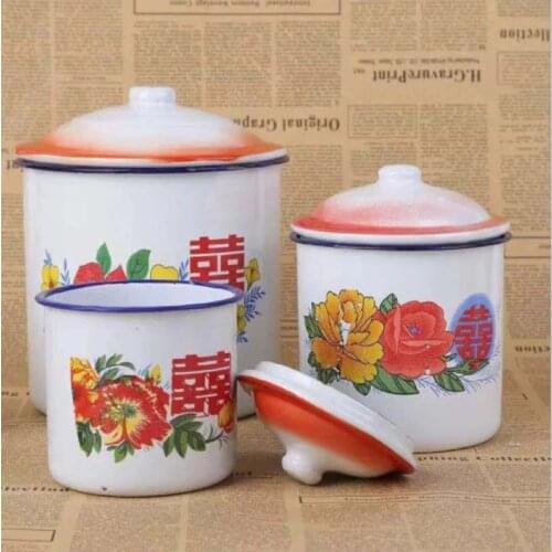 Chinese Traditional Enamel Iron Flower Cup Coffe Mug with Lid and Handle for Wedding Gift Suitable for Home and Office