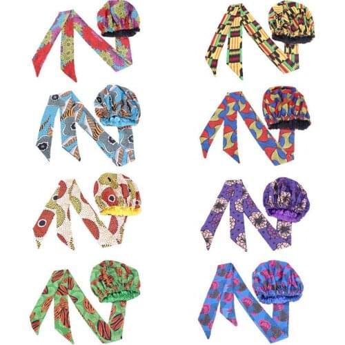 Ankara Pattern Bonnet Hair Caps Double Layer Headwrap African Print Satin Long Ribbon Wrap Pattern Women Chemo Headwear Jewelry