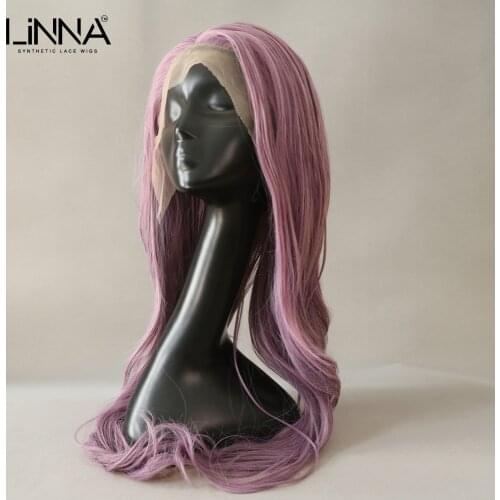 LINNA Long Wavy Synthetic Lace Front Wig For Women 26 Inch High Temperature Fiber Wigs Purple Pink Can Be Permed Cosplay Wig