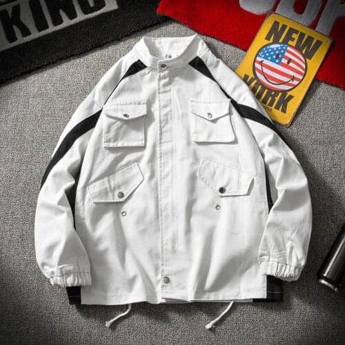 Mens Splicing Jackets Casual Stand Collar Denim Jacket Multi-pocket Zipper Sports Coat Loose Cargo Male Clothes Spring M-3XL