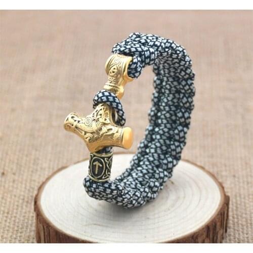 Viking Mens Stainless Steel Golden Thors Hammer Bracelet Nordic Rune Bead Amulet Green Umbrella Cord Braided Bracelet
