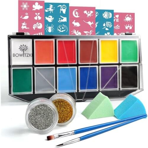 Bowitzki Face Paint Kit 12 Vibrant Colors 2 Glitter 2 Brushes 40 Stencils 2 Sponges Water Based Pro Halloween Makeup Painting