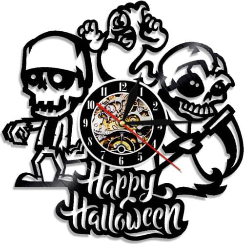 Happy Halloween Skull Vinyl Record Wall Clock Skeleton Cosplay Christmas Party Haunted House Decor Wall Art Hanging Retro Watch