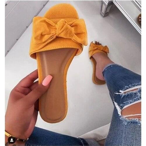 2021 Summer New Leisure Flat Bow Sandals Womens Plus Size One-word Slippers Beach Shoes