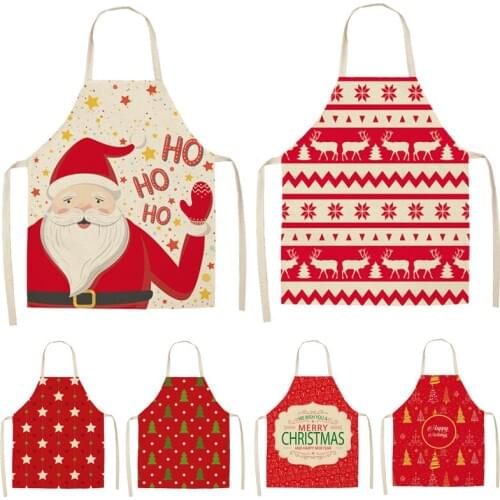 Christmas Decoration Santa Red Sleeveless Apron Cotton Linen Kitchen Aprons Women Home Cooking Baking Waist Bib Pinafore TCWQ07