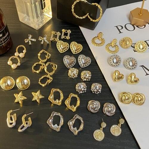 New Gold Color Earrings For Women Multiple Trendy Round Flower Heart Geometric Statement Earrings Fashion Party Jewelry Gift