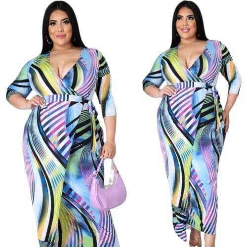 Fall new plus size dresses Fashionable printed slim-fit hip dresses Over-the-knee V-neck temperament dresses