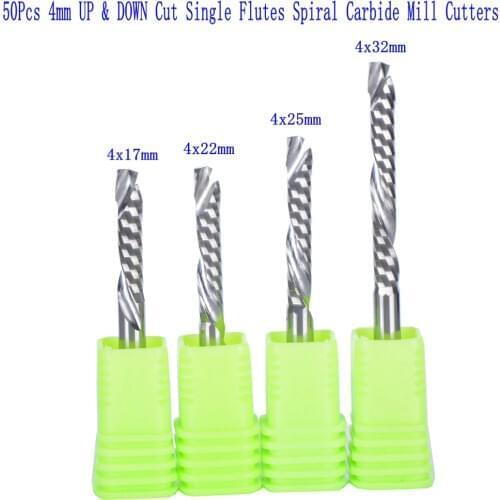 50Pcs 4mm UP & DOWN Cut Single Flutes Spiral Carbide Mill Tool Cutters for CNC Router, Compression Wood End Mill Cutter Bits
