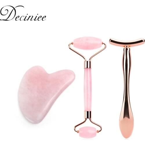 Rose Quartz Jade Roller Stone Gua sha Scraping Board Set Face Lift Massager Facial Massage Eye Cream Mixing Spatula Scoop Tools