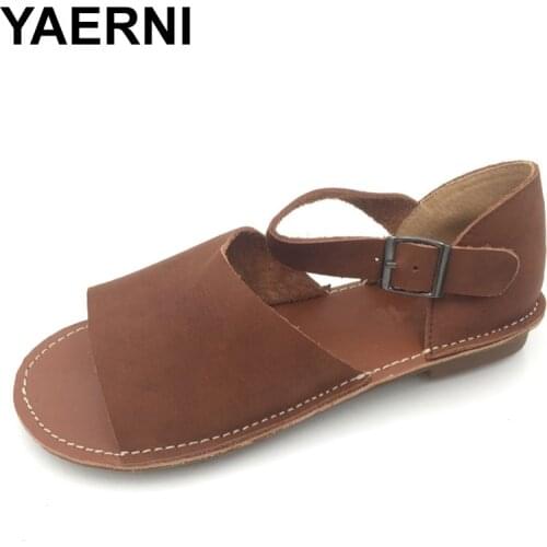YAERNI Womens Sandals Summer Shoes 100% Authentic Leather Ankle Strap Sandals Ladies Flat Shoes Female Footwear