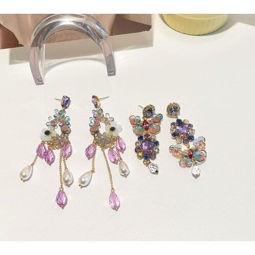 Crystal Butterfly Earrings for Women Long Chain Tassel Temperament Flowers Drop Pendant Earring