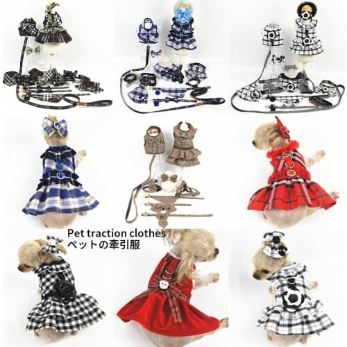 2021Handmade Princess Cat Dog Dress Harness and Leash Set Plaid Pet Harness Vest Training Rope Dog Accessories for Small Dogs