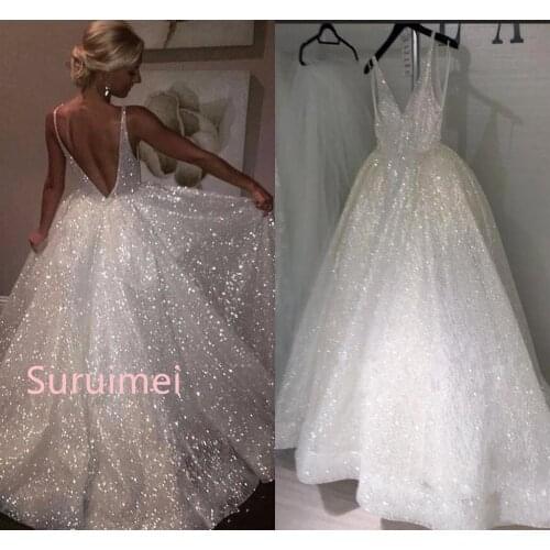 2022 New Sexy Bling Sequined Ball Gown Deep V Neck Wedding Dress Floor Length A Line Backless Custom Sequins Vestios De Novia