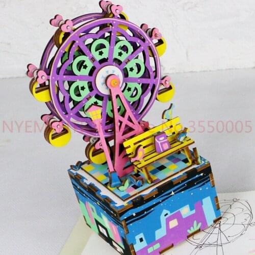 Robotime Rotatable Carousel Ferris Wheel DIY Wooden Music Box Clockwork Type Home Decor Beauty Gifts For Children Friends 1pcs