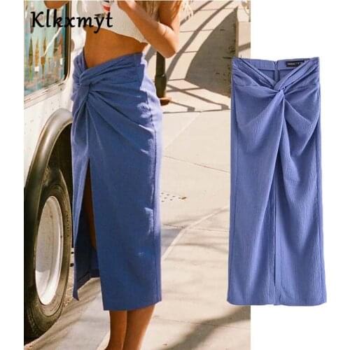 Klkxmyt Za 2021 Skirts Women High Waisted Summer Skirt Elegant Blue Knot Hem Slit Back Zipper Textured Cotton Linen Female Skirt