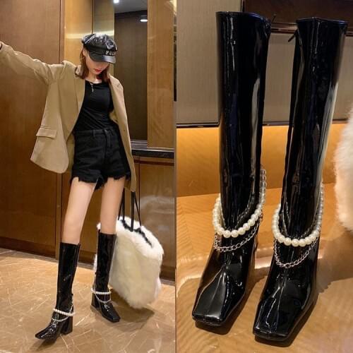 Autumn 2020 New Patent Leather Womens Boots High Heel Square Head High Zipper Heel Pearl Metal Chain Knight Boots Winter Boots