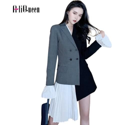 2019 Autumn Winter Women Runway Blazers and Jackets Female Ruffles Patchwork Hit Color Irregular Long Blazer Ladies Casual Coat