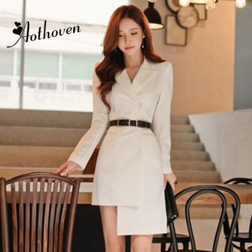 2018 Autumn Asymmetrical Dress Women Black Long Sleeve Notched Collar Elegant Office Dress White Ladies Bandage Dresses Vestido