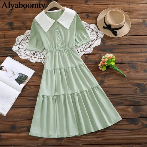 New Candy Color Summer Women Mori Girl Midi Dress Peter Pan Collar Purple Green Elegant Dress Short Sleeve Ruffles Tiered Dress