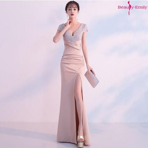 Beauty Emily 2019 Long V Neck Sleeveless Evening Dress Look Slim Sexy Mermaid Party Dress High Split Prom Gown vestidos de festa