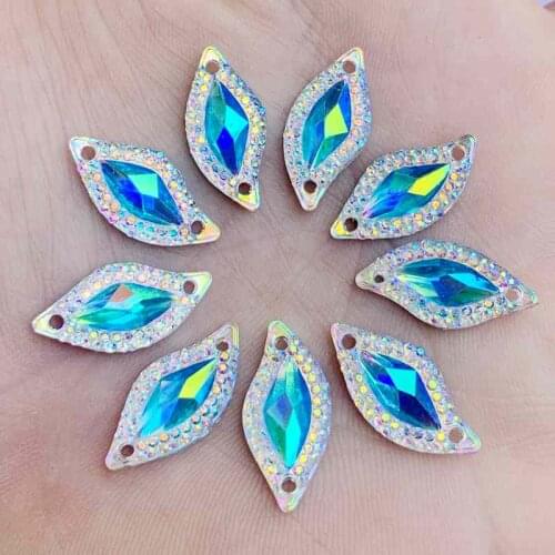 20pcs 9*20mm Two-tone Flatback Resin Leaf &Horse eye rhinestone cabochon with 2 Holes