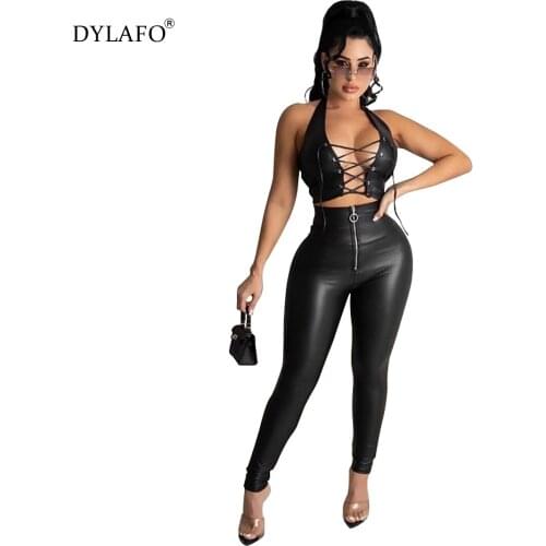 2021 Summer Fashion Sexy PU material Suspenders Tube Lace Up Top Vest Leather Zipper Pants Two Piece Suit For Women