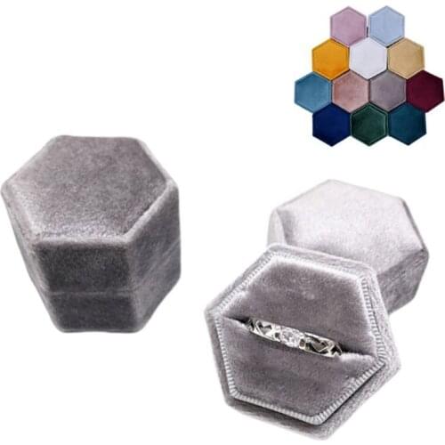Velvet Single Ring Box Hexagon Valentines Day Ring Box with Detachable Lid