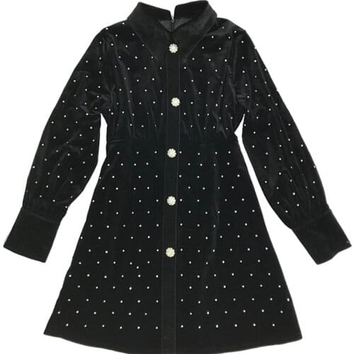 PERHAPS U Black Velvet Diamond Bling Dress Long Sleeve Mini Short Dress Turn Down Collar Autumn Winter Elegant Vintage D0893