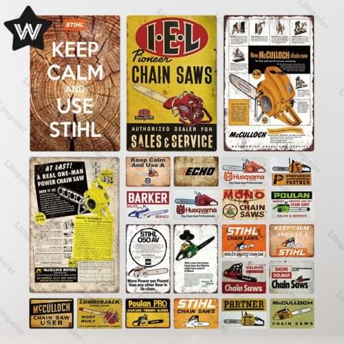 Chainsaws Metal Sign Plaque Metal Vintage Pub Barker Poulan Tin Sign Wall Decor for Pub Club Man Cave Bar Decoration Tin Plates