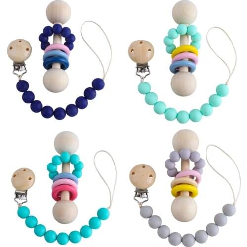 Baby Teething Nursing Rattle Toys Wooden Pram Clip Baby Feather Pram Plush Bead Pacifier Chain Chewable Necklace Teething Bead