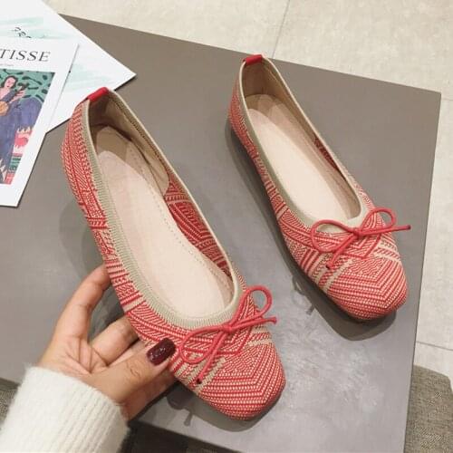 Stretch Knitted Flats Shoes Woman Striped Bowtie Moccasins Breathable Shoes Ladies Flats Ultra-Light Loafers Fly Weaving Flats