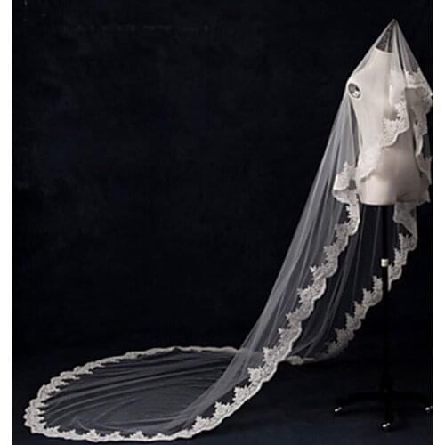 Elegant Lace Wedding Veils Tulle White Bridal Veils Lace Applique Edge with Pearl wedding veils long cathedrals