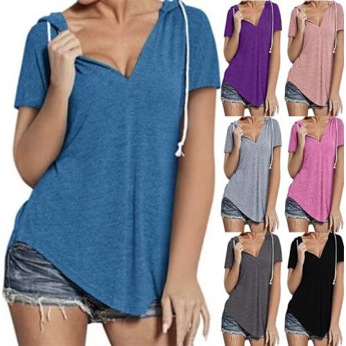 New V-neck Sports Loose Short Sleeve T-shirt Women Solid Color Hooded Drawstring Tops Summer Casual Pullover Tee