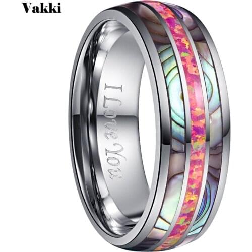 VAKKI Tungsten Carbide Ring 8mm Wide Dome Steel Inlaid with Two Acacia + Deep Magenta Opal Tungsten Steel Ring Wedding Band