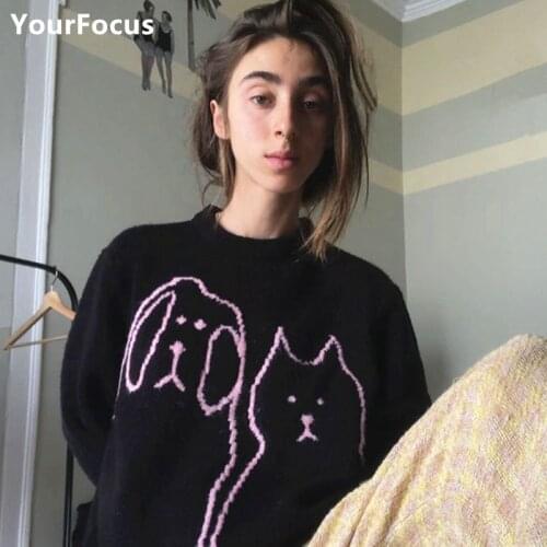 Vintage Cute Kawaii Knitted Sweater Lazy Pink Cat And Dog Pull Sweaters Jumper Loose Winter Clothes Women